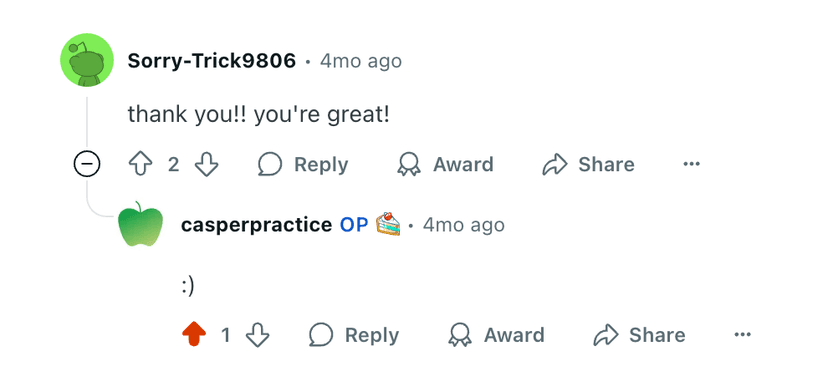 Reddit comment screenshot showing positive feedback about CasperPractice