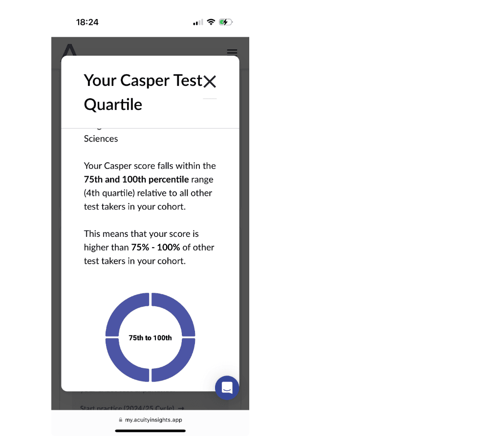 Phone screenshot of a student's Acuity Insights score report: their Casper score falls within the 75th to 100th percentile range, the 4th quartile.